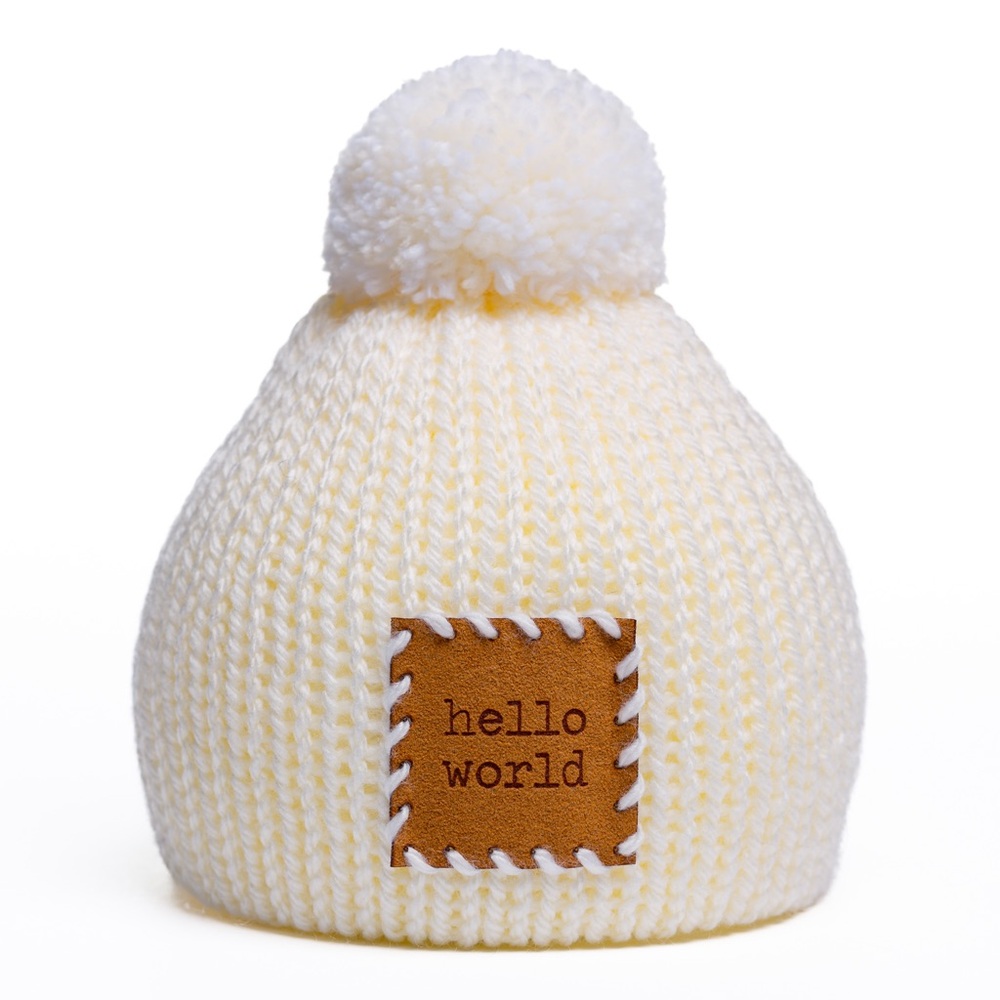 Hello World Cream Knit Pom Pom Beanie for Kids